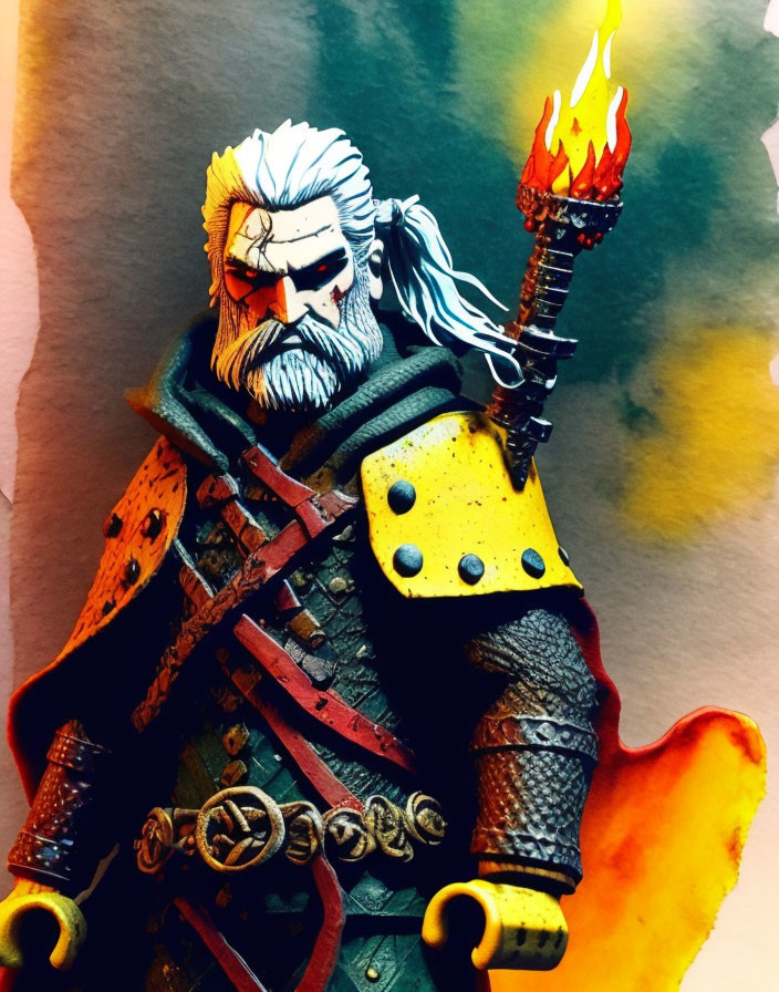 Colorful miniature warrior figure with torch and armor on watercolor backdrop