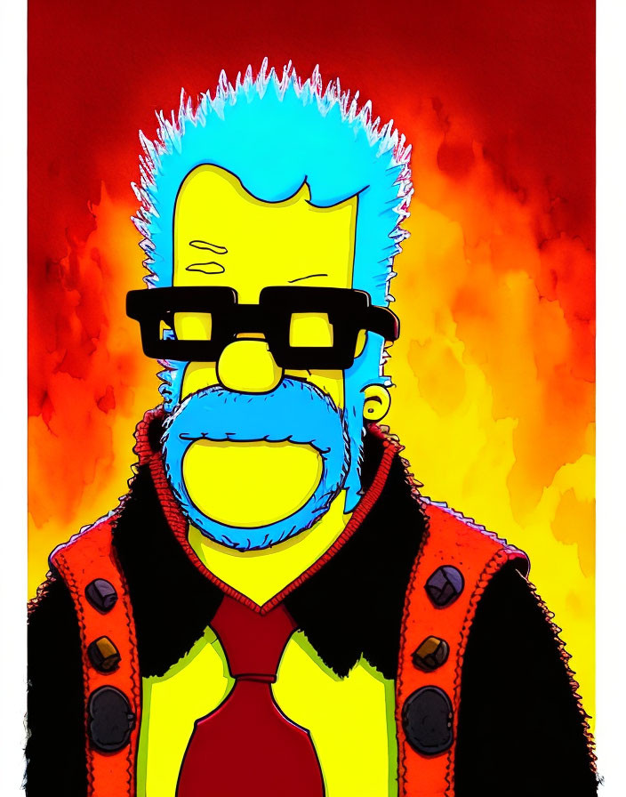 Character with Spiked Blue Hair and Glasses in Red and Black Outfit