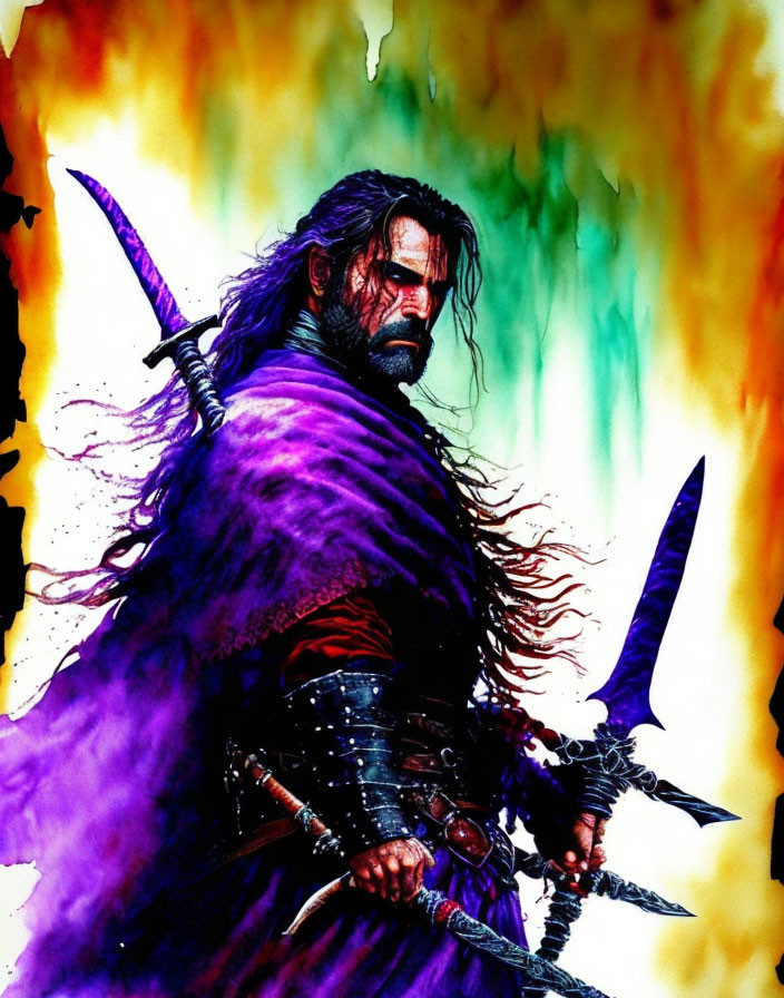 Bearded warrior wields swords on vibrant background