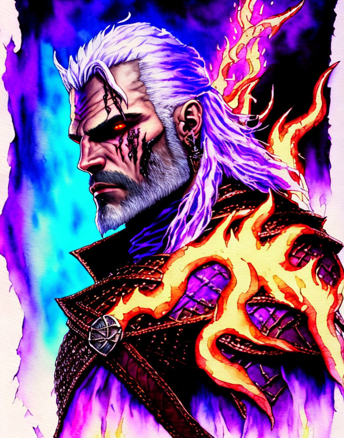 White-Haired Man with Scar and Red Glowing Eyes in Flames on Purple Background