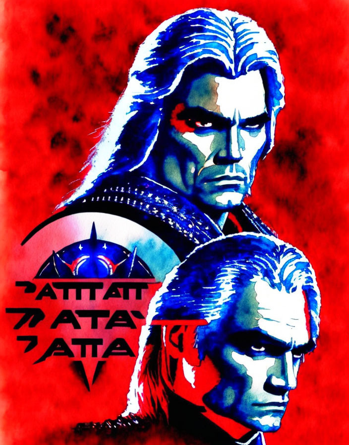 Stylized illustration of stern-faced man with long white hair on red background with Japanese text and blue