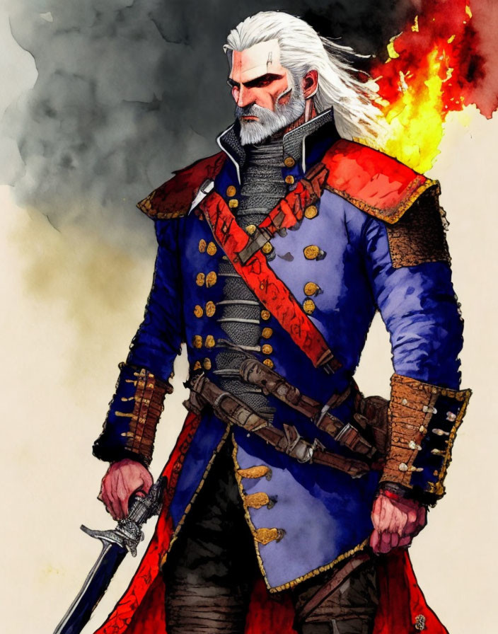 White-haired man in military jacket with sword in fiery background