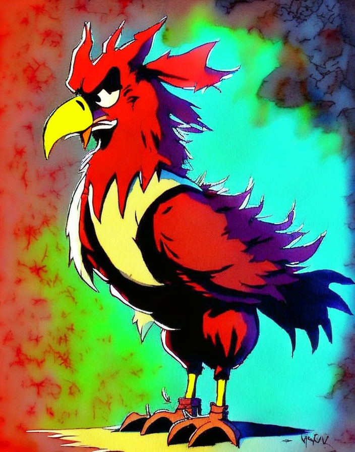 Vibrant red and white rooster with crest on abstract background