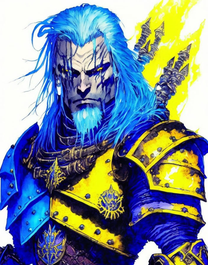 Character with Blue Skin in Yellow and Blue Armor Emitting Energy Glow