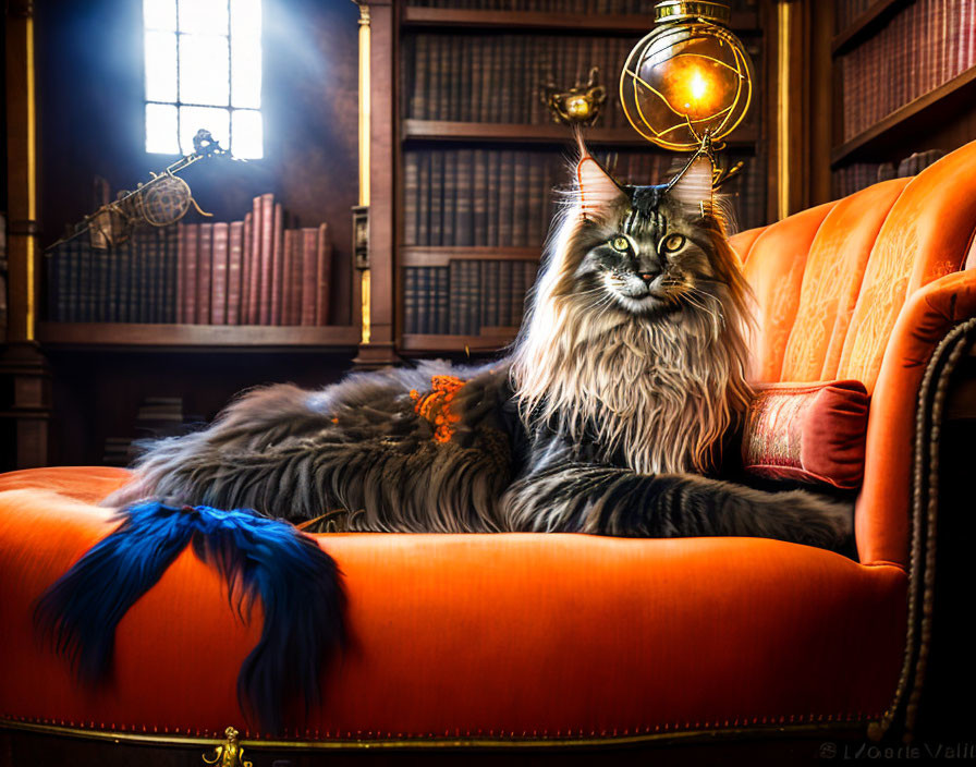 Long-Haired Cat on Orange Chair in Vintage Library with Books and Golden Orb