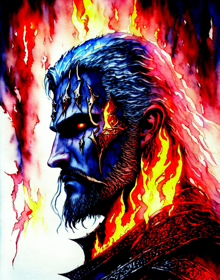 Blue-skinned character with red glowing eye and star-shaped mark in fiery backdrop.