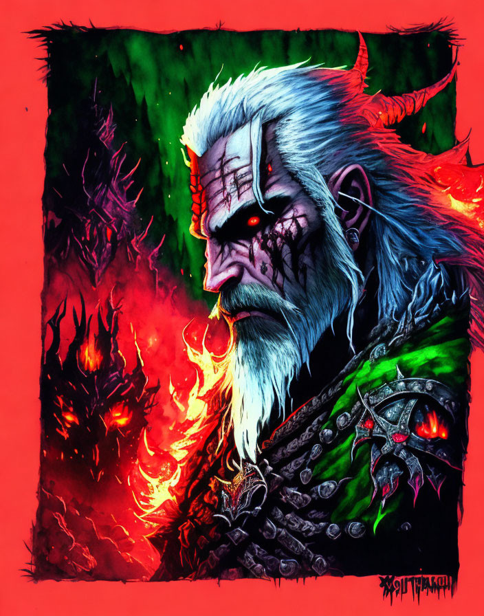 White-Haired Character with Red Eyes and Scar in Flames and Green Energy