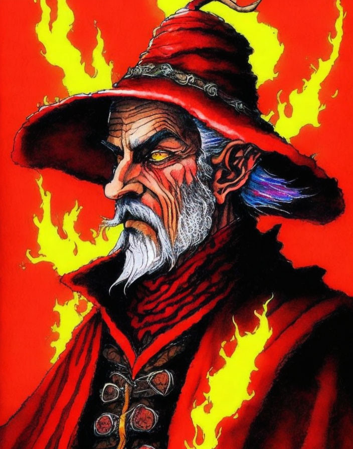 Bearded man in red hat and cloak with flames in background