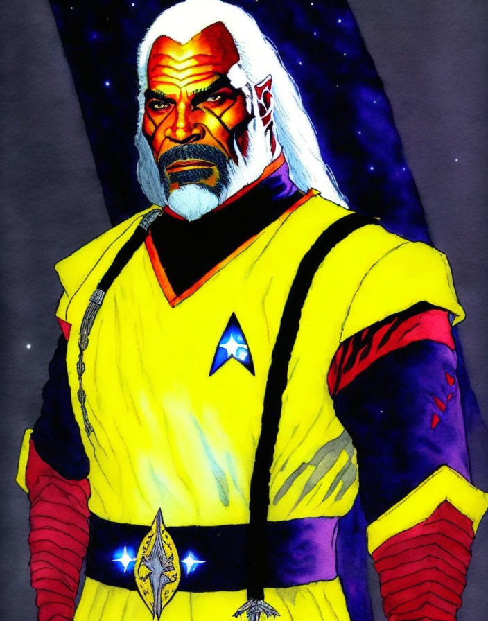 White-haired character in Starfleet uniform with communicator badge.