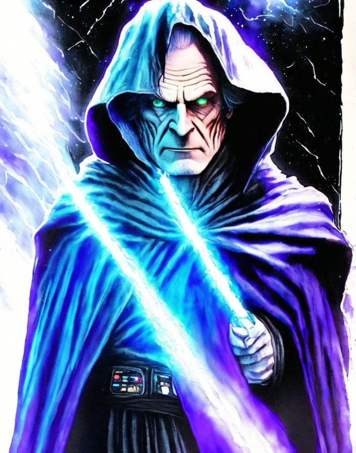 Menacing figure in dark hooded robe with electric blue energy.