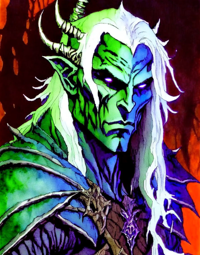 Fantasy character with green skin, white hair, horns, and pointy ears on dark background