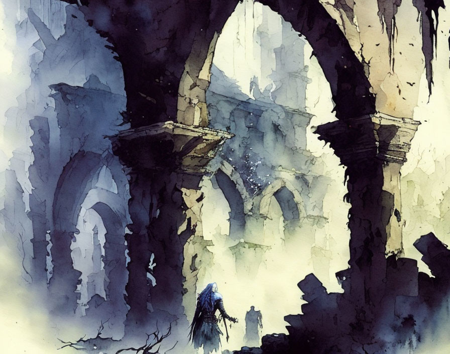 Ethereal watercolor painting of cloaked figure in ancient ruins