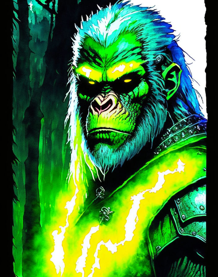 Green-eyed ape emitting green energy in dark forest