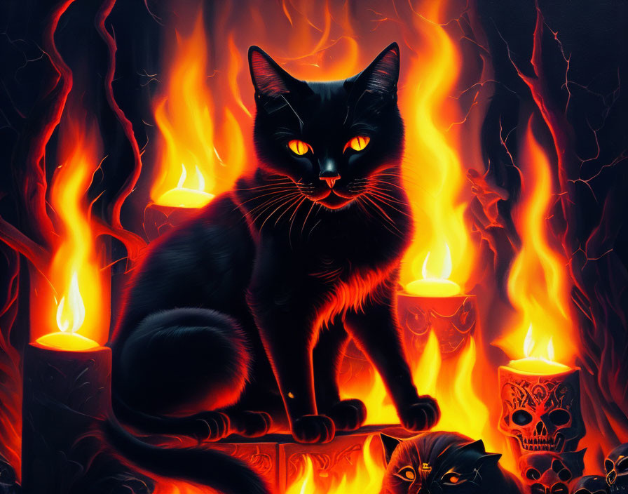 Black cat with glowing yellow eyes by flickering flames and candlelight