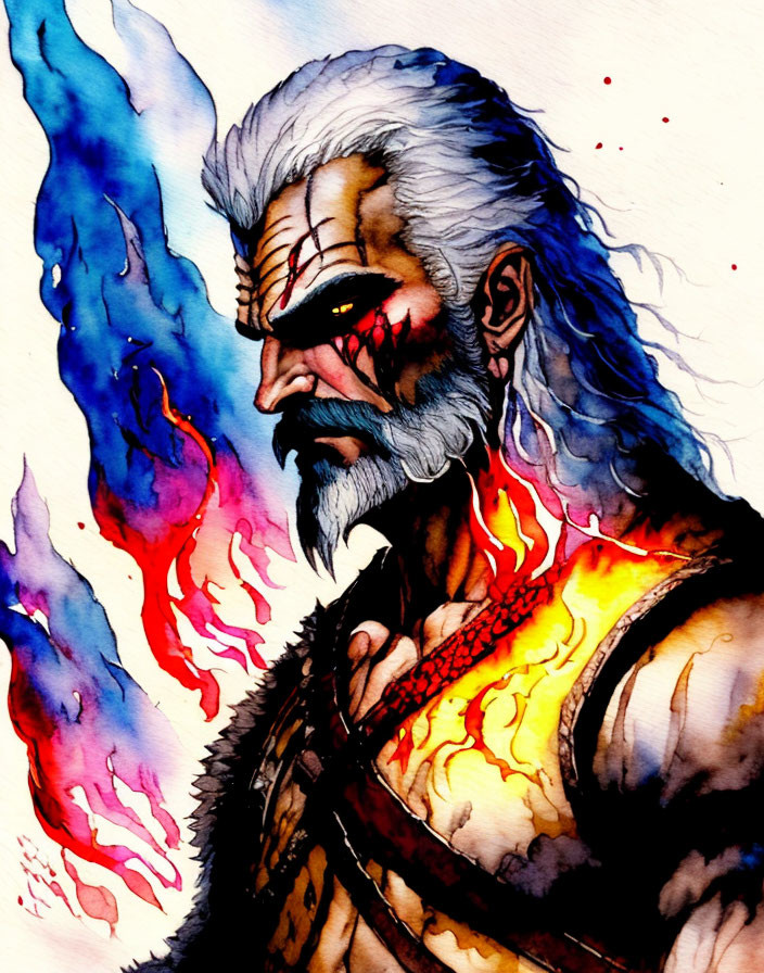 Illustrated portrait of stern white-bearded man with glowing red eye in blue and red flames