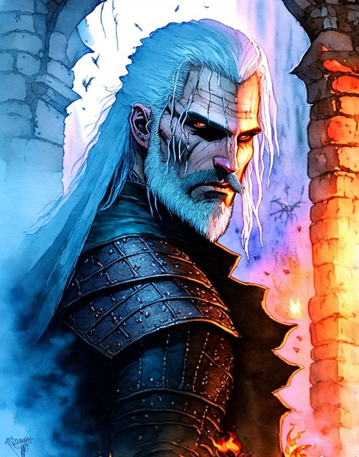 White-Haired Fantasy Warrior in Dark Armor by Fiery Torch