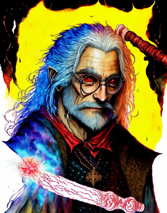 Elderly wizard with white hair, red glasses, holding red wand on fiery yellow backdrop