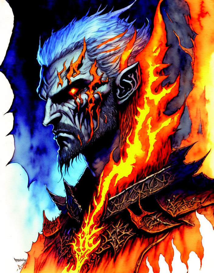 Fantasy illustration of fiery figure with blue skin and orange eyes