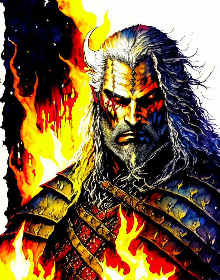 White-haired warrior with red war paint surrounded by flames