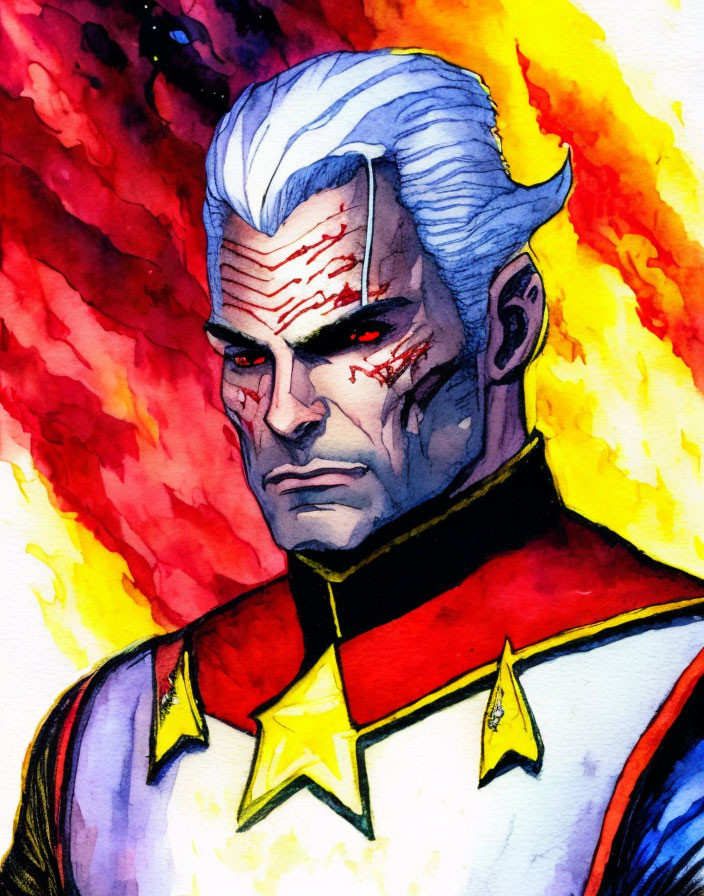 White-haired man in superhero costume with scar: Illustration.