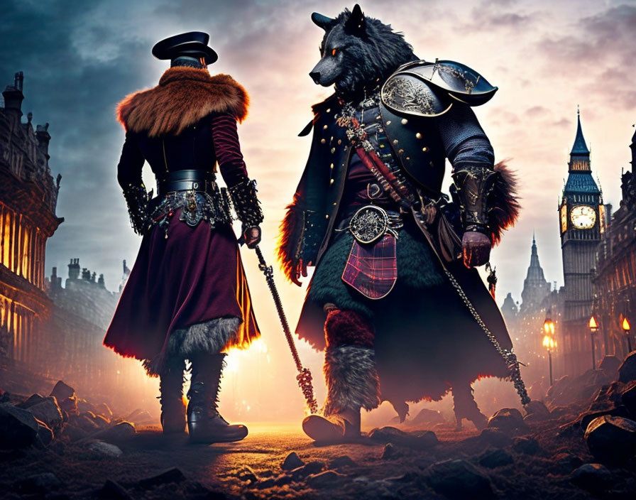 Anthropomorphic Fox and Bear in Historical Outfits with Foggy Big Ben