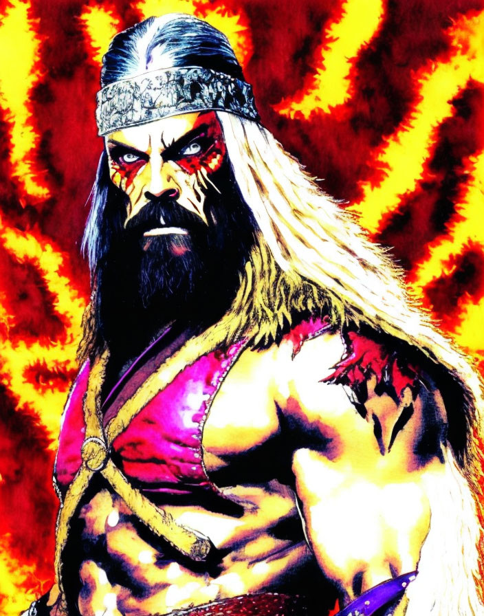 Muscular character with headband and red face paint in fiery background