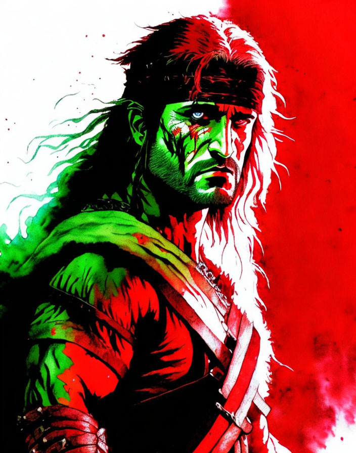 Muscular man with long hair, headband, war paint, green and red color scheme