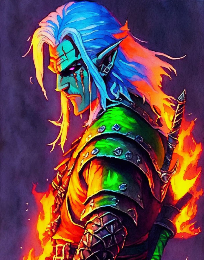 Fantasy character with blue skin and fiery aura in green armor