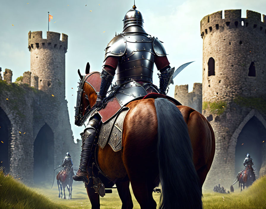 Armored Knight on Horseback in Medieval Castle Setting