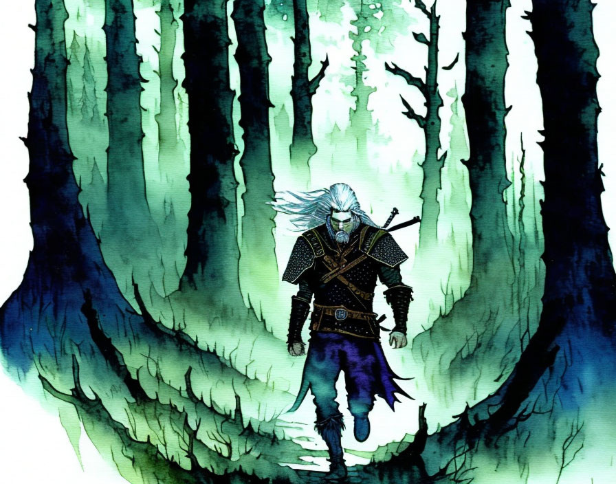 White-Haired Warrior in Dark Medieval Attire Walking in Mystical Green Forest