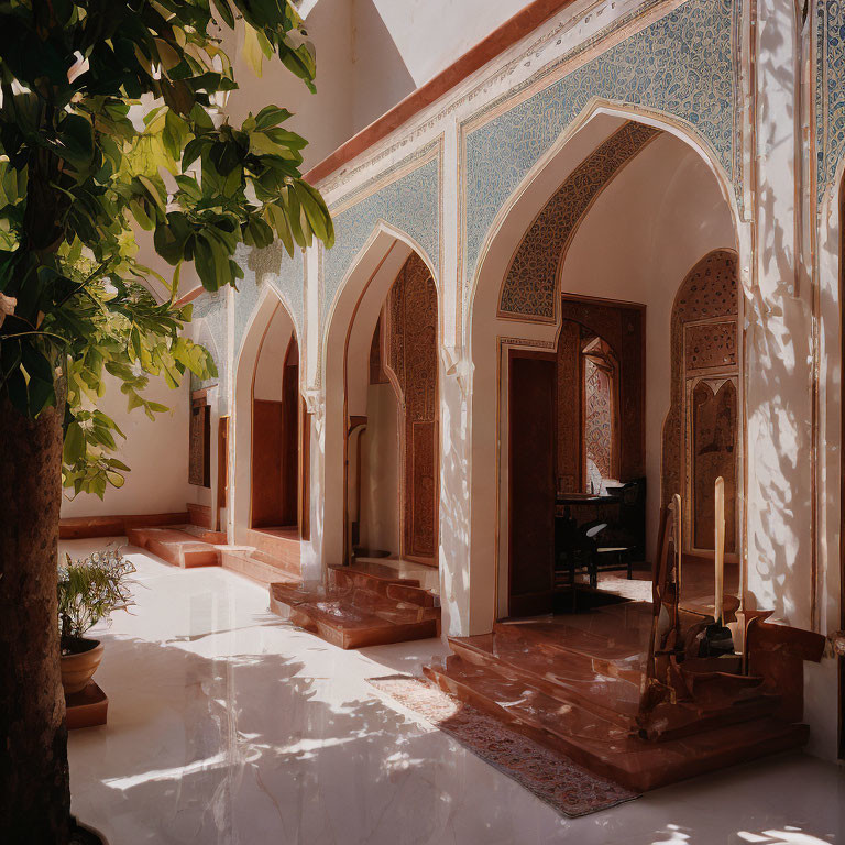 Traditional Courtyard with Arched Doorways and Intricate Tile Work