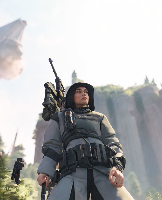 Futuristic military person in cloak with rifle, gazing at imposing structure