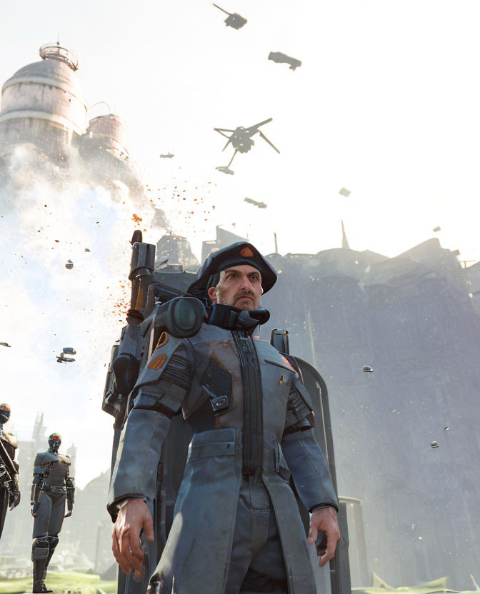 Futuristic soldiers in chaotic scene with helicopters & debris