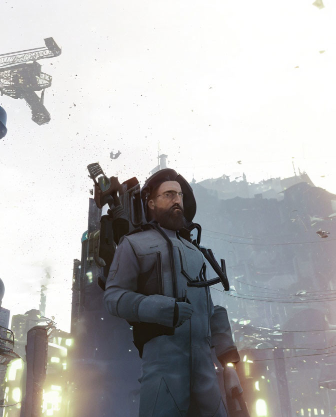 Bearded man in futuristic uniform with weapon in dystopian cityscape