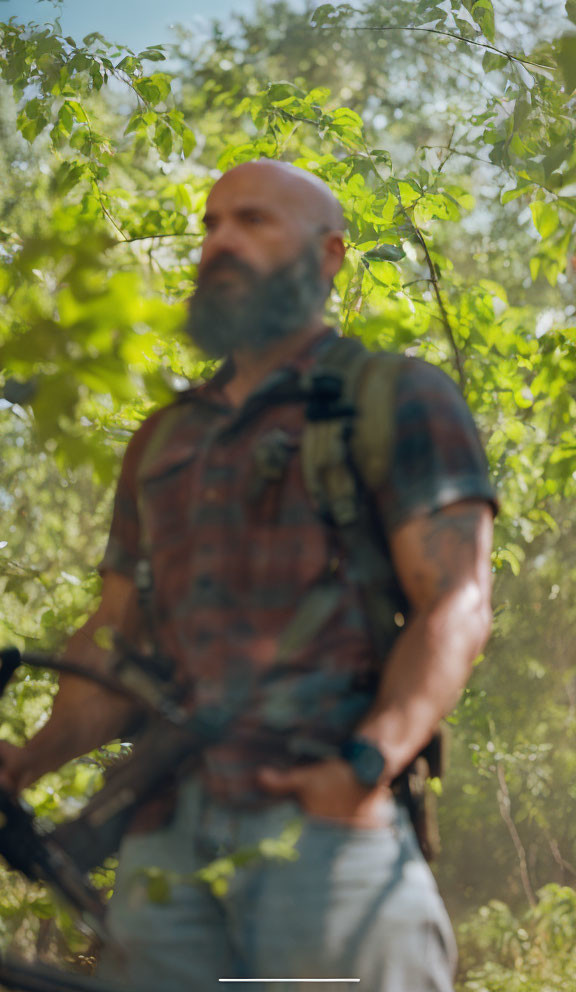 Bearded man in plaid shirt with bow in forest setting