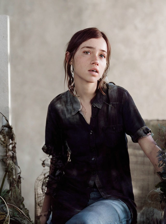 Young woman with wet hair in black shirt sitting by potted plants