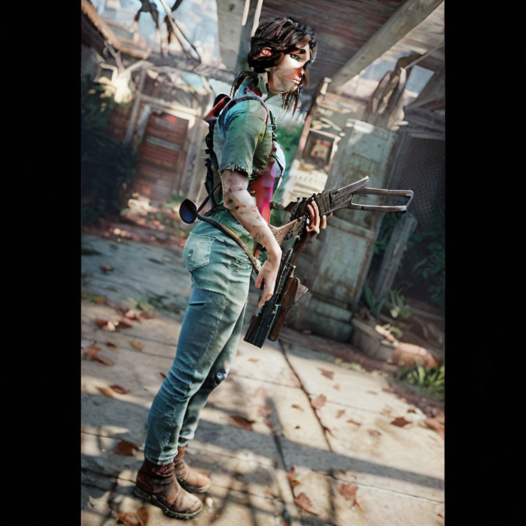 Woman in green shirt with crossbow in dilapidated setting