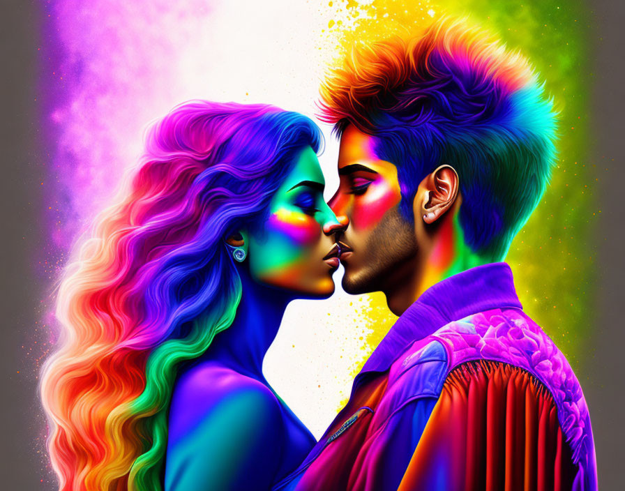 Colorful digital artwork: man and woman in profile with neon hair and skin under bright lights