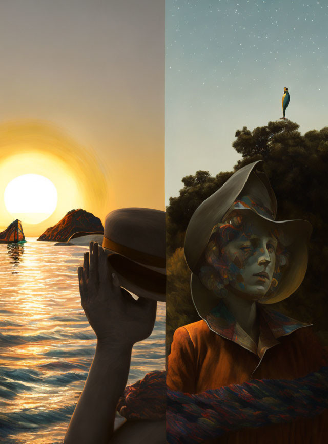 Split image of person on hill at sunset & hand holding hat with starry sky and cosmic face.