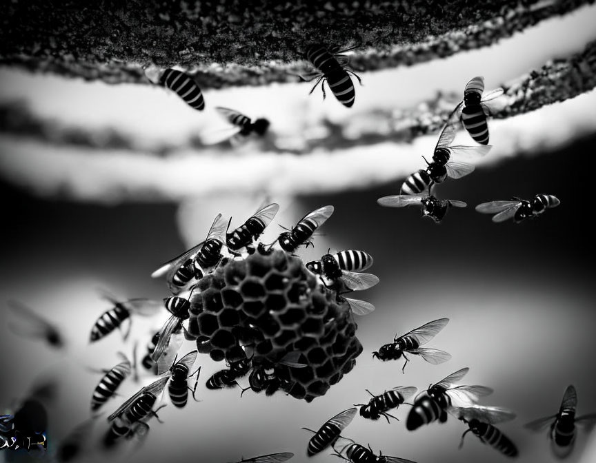 Monochrome photo of bees in flight around hive