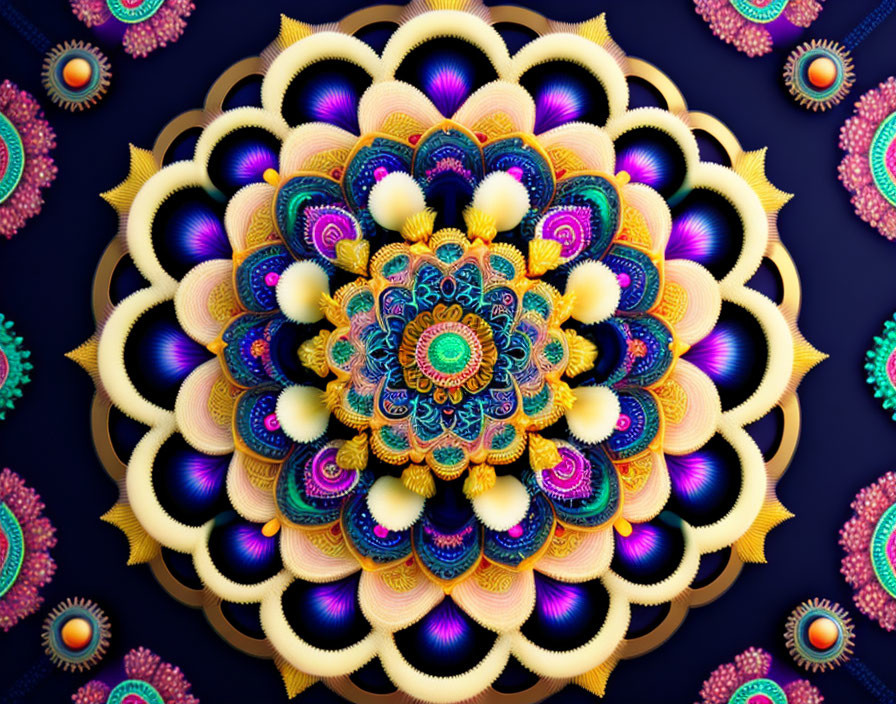 Colorful Digital Fractal Mandala Pattern in Gold, Blue, and Purple