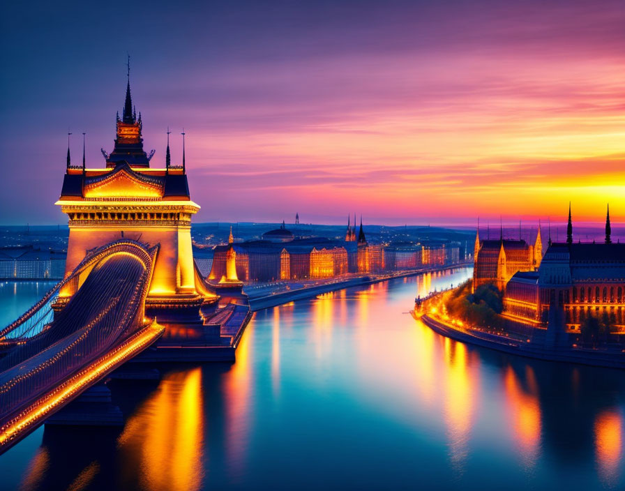 Colorful cityscape sunset with ornate bridge, river, spires, and illuminated buildings.