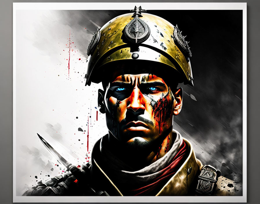 Roman soldier illustration with intense gaze and blood splatters