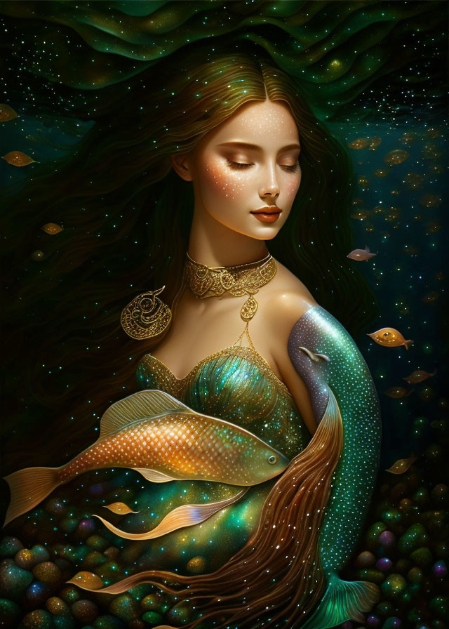 Woman with flowing hair and celestial jewelry merging with fish tail in starry underwater scene