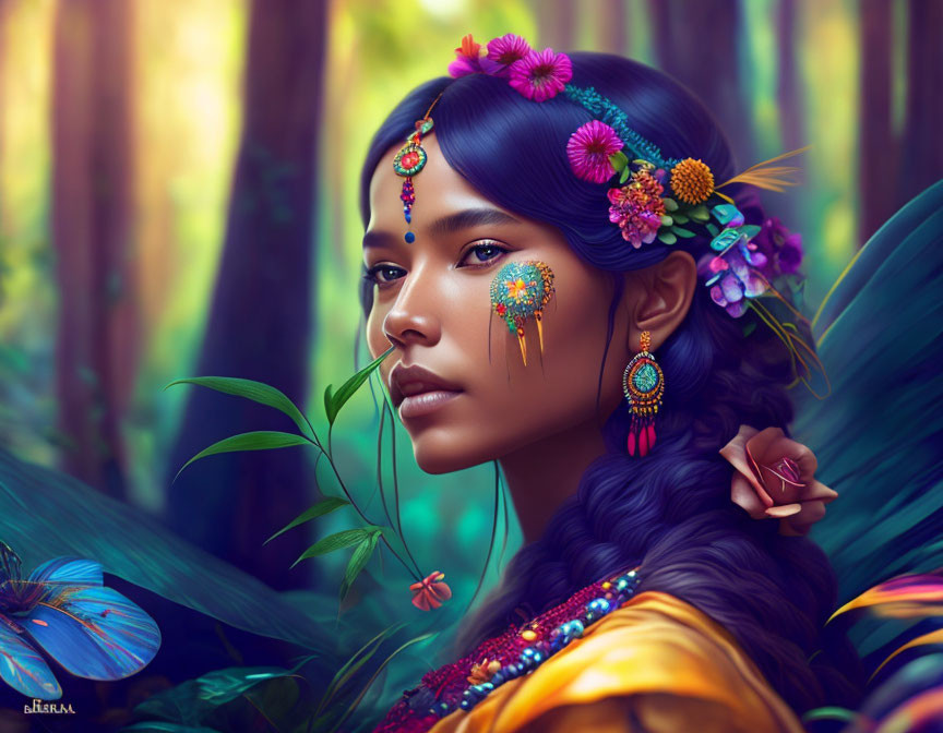 Digital artwork: Woman with braid, flowers, and jewelry in forest.