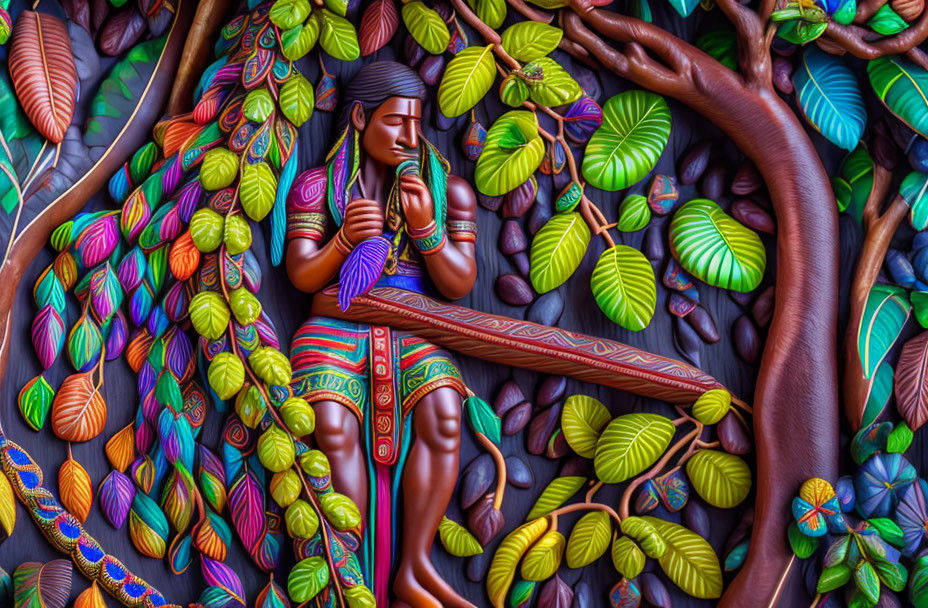 Colorful Bas-Relief Sculpture of Seated Woman in Traditional Attire