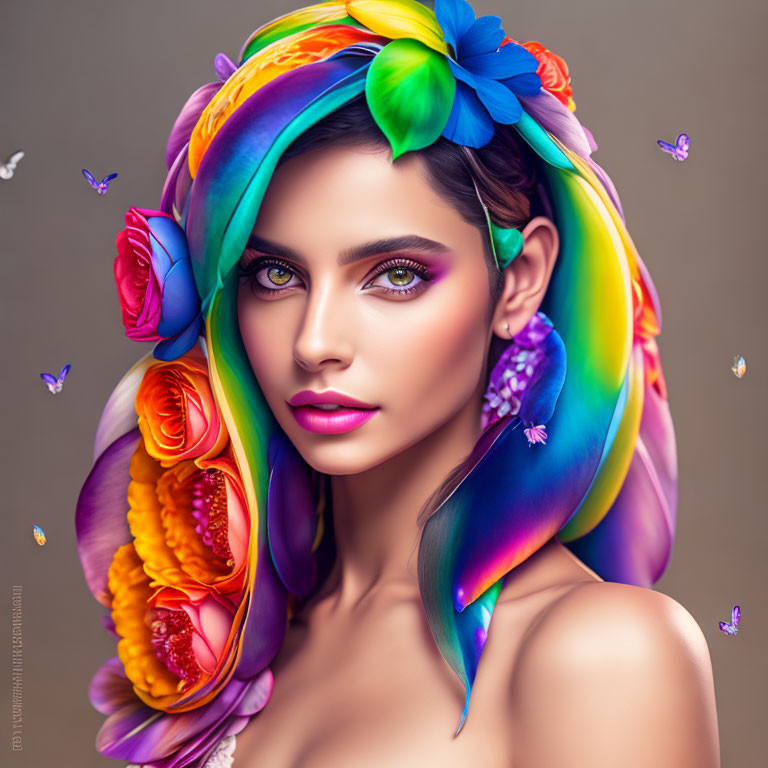 Woman with Rainbow-Colored Hair, Flowers, Butterflies, Striking Makeup, Green Eyes