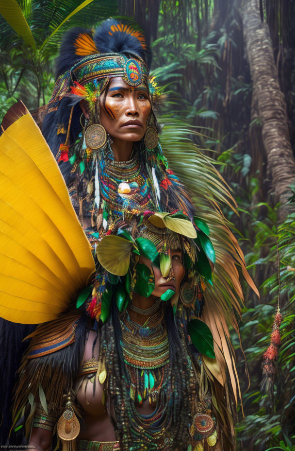 Person in Traditional Headdress Surrounded by Greenery