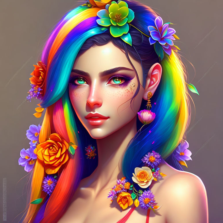 Vibrant digital artwork: Woman with rainbow hair and floral adornments