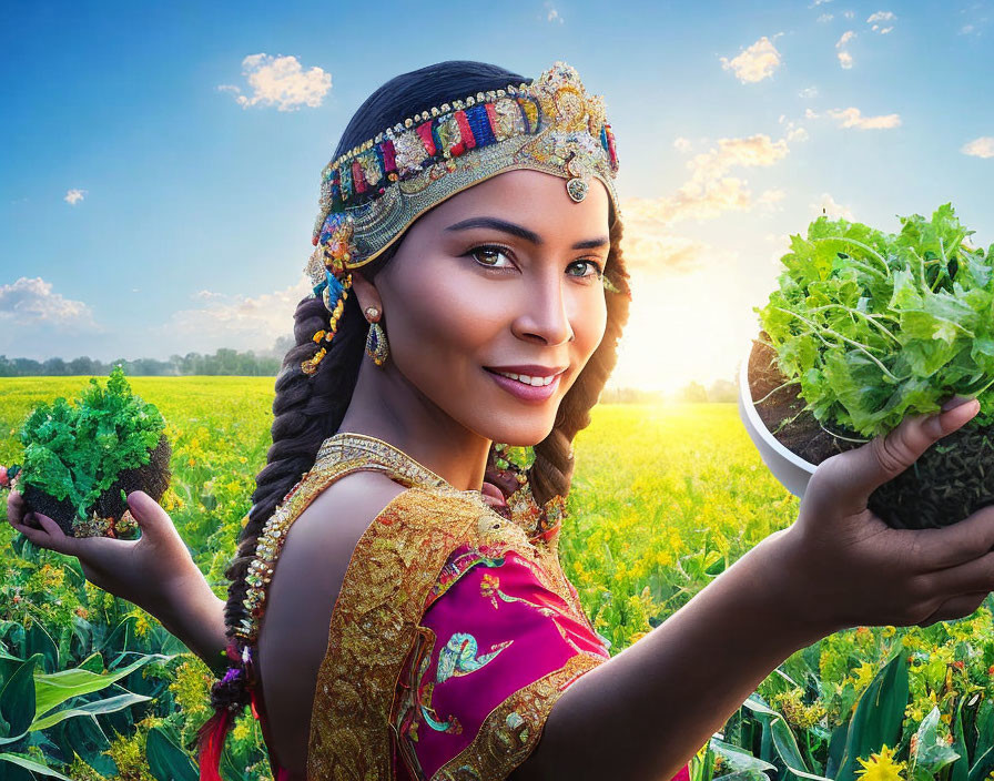 Woman in traditional attire holding lettuce against blooming field